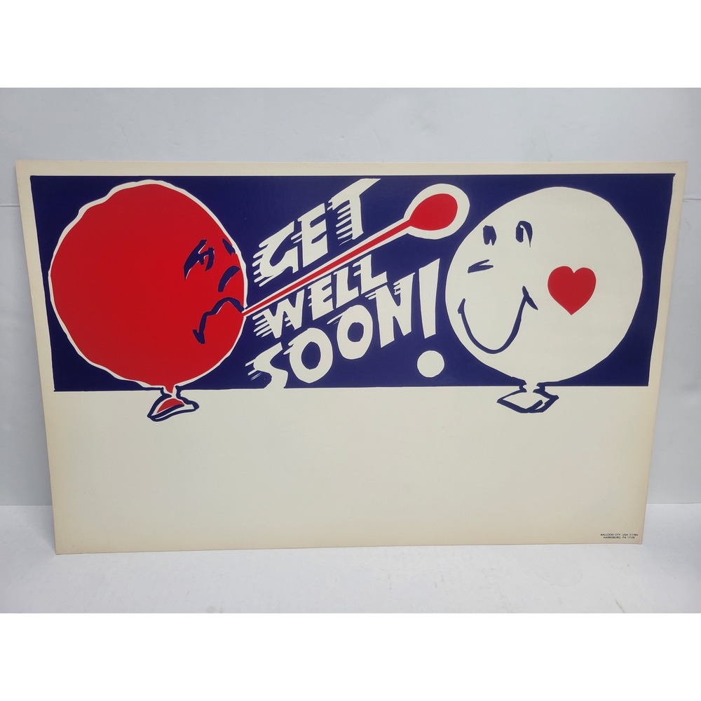 Vtg 1984 Balloon City USA Get Well Soon Cardstock Poster yard sign Retro Art
